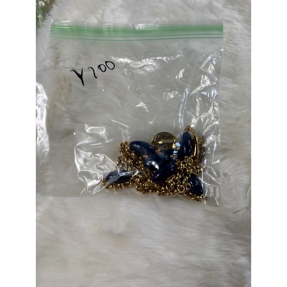 Vintage Monet Gold Tone Navy Blue Bead Station Necklace and Clip On Earring Set - Picture 8 of 9